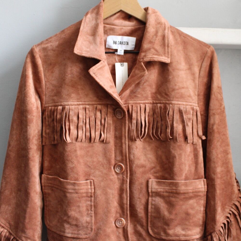 BB Dakota Terracotta Tan Thais Fringed Faux Suede Jacket Size Medium NWT - Picture 6 of 8